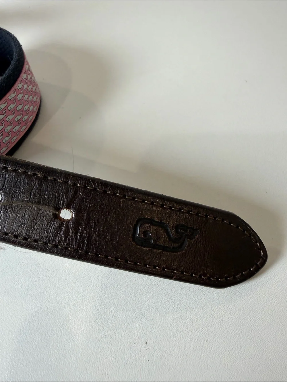 Vineyard Vines 36W Pink Patterned Whale Pattern Belt with Brown Leather
